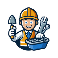 Colorful Construction Worker Mascot Design Standing Proudly in Safety Uniform Holding Wrench for Building Services Illustration Logo Product and Business Presentation