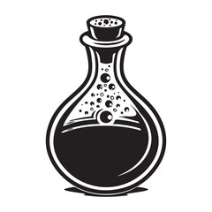 Hand Drawn Illustration of a Potion Bottle with Stopper and Liquid, Potion Bottle Illustration with Bubbling Liquid