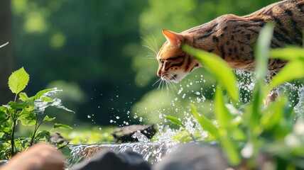 Obraz premium Dynamic wildcat leaping through a vibrant jungle scene, showcasing the beauty of wildlife in action.