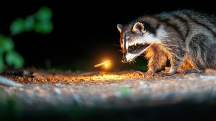 Obraz premium Raccoon interacting with a fir tree in a detailed close-up image, showcasing nature and wildlife.