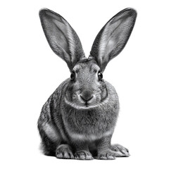 Obraz premium Black and white portrait of a rabbit sitting gracefully, showcasing its large ears and soft fur