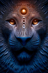Stylized majestic lion head with intricate textures, glowing eyes, and sacred geometry symbols.