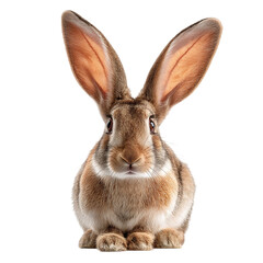 Obraz premium Close-up of a fluffy rabbit sitting calmly, showcasing its large ears and soft fur against a plain background