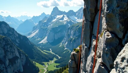Three climbing ropes snaking along a dramatic Teton cliff, landscape, sport, challenge