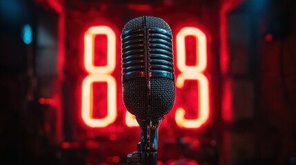 Vintage microphone in vibrant red neon setting
