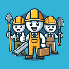 Cheerful Builder Mascot Cartoon Style Wearing Helmet and Gloves Pointing to Side for Advertisement Poster Illustration Flat Web Interface and Branding Graphics