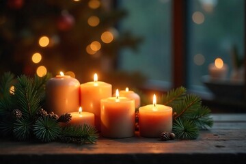 Warm, inviting glow of pine-scented candles illuminating a rustic wooden table, creating a cozy and peaceful atmosphere  Perfect for holiday, winter, or nature themes ,  ambiance,  winter,  glow
