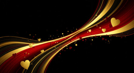 Elegant abstract design featuring flowing red and gold waves with golden hearts scattered across a dark background, creating a romantic atmosphere