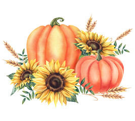 Pumpkins and sunflowers in watercolor for harvest festival greeting cards or Thanksgiving invitations. A hand-drawn illustration of autumn leaves, autumn plants and branches on an isolated background.