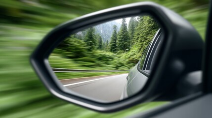 View of a forested landscape reflected in a car's side mirror during travel