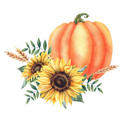 Pumpkins and sunflowers in watercolor for harvest festival greeting cards or Thanksgiving invitations. A hand-drawn illustration of autumn leaves, autumn plants and branches on an isolated background.