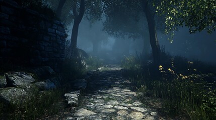 A misty path winding through a serene forest, evoking a sense of mystery and tranquility.