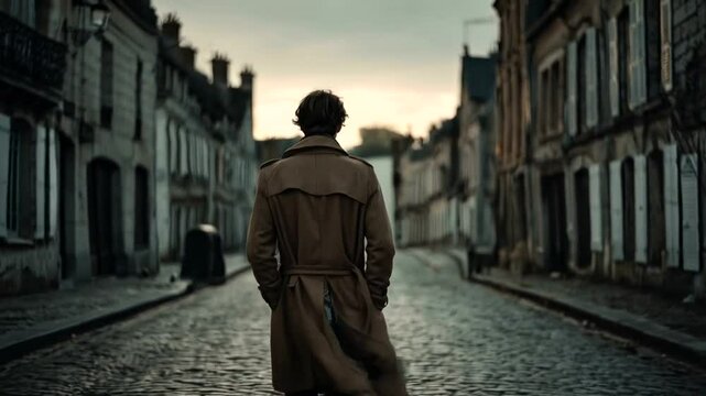 Man in a trench coat walking down a city street