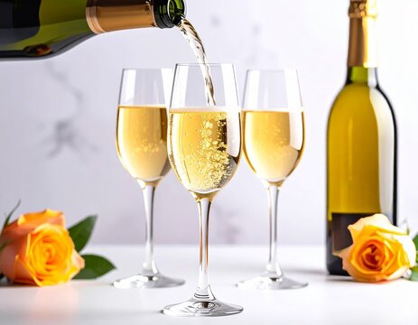 Three champagne flutes filled with bubbles sit on a white surface one being poured from a golden bottle while orange flowers in the background add festive flair.