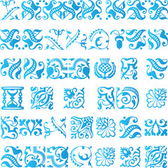 Collection of intricate blue floral and ornamental decorative design elements for various projects