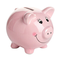 Pink Ceramic Piggy Bank with a Smiling Expression Isolated on transparent Background