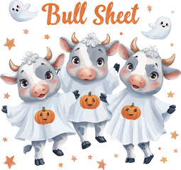 Cute Baby Cows Dressed as Ghosts &ndash; Funny Halloween Cow PNG Sublimation Design