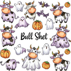 Cute Baby Cows Dressed as Ghosts &ndash; Funny Halloween Cow PNG Sublimation Design