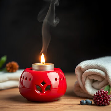 Spa vibes: red insent oil burner with a lit tea candle and fumes evaporating form the top against a clean dark background