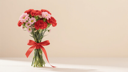 Fototapeta premium Elegant bouquet of red and pink carnations tied with a red ribbon against a beige background perfect for floral arrangements, gifts, and celebrations.
