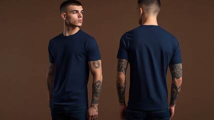 T-shirt mockup with navy blue design. Front and back views of a male model wearing a versatile blank tee, perfect for apparel branding and showcase.