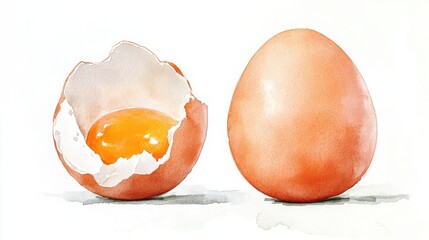 A watercolor illustration of a whole egg and a cracked egg with visible yolk on a white background.