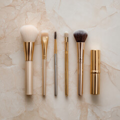 Luxurious gold cosmetic tools arranged flat lay marble surface, showcasing variety of brushes for makeup application. elegant design and minimalistic style evoke sense of sophistication and beauty