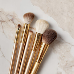 Minimal gold cosmetic tools arranged in closeup flat lay on marble surface, showcasing various brush types. elegant design and soft bristles evoke sense of luxury and beauty