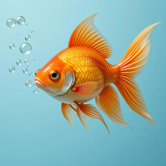Fototapeta premium A goldfish blowing bubbles on a light blue background