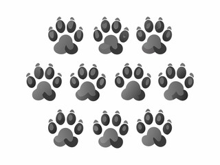 Collection of nine stylized animal paw prints in shades of gray against a plain white background.