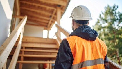 Surveillant de chantier, construction, vue arrière d'un ouvrier portant un casque, matériel d'image de travail