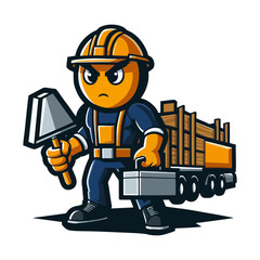 Flat style cartoon mascot builder holding tool smiling in helmet and uniform vector illustration for construction business branding contractor services design