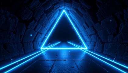 a tunnel like structure, illuminated by blue neon lights that create an intense atmosphere. in the center of this tunnel is a large, glowing triangle, which seems to be guiding the way forward.