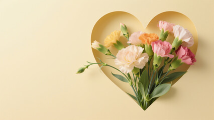 Fototapeta premium Lovely bouquet of colorful carnations arranged in a heart shape on a pale yellow background, perfect for Valentine's Day or Mother's Day cards.
