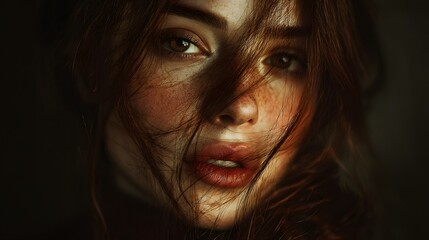 Fototapeta premium Close-up portrait of a woman with striking features and soft lighting, showcasing natural beauty and emotional depth