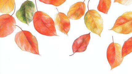 Beautiful Autumn Leaves Falling on White Background in Vibrant Colors