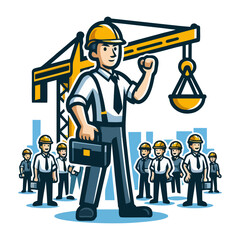 Flat vector builder mascot in construction outfit holding tools wearing safety helmet with cheerful pose cartoon style for handyman service branding campaign
