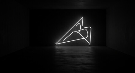 Illuminated minimalist art piece in stark contrast a glowing neon sculpture in a dark, concrete space evoking modern art and design aesthetics