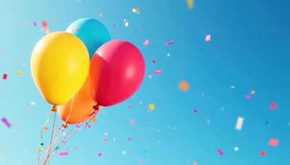 Brightly colored balloons float against a clear blue sky, playful confetti swirls around them , lighthearted, colorful