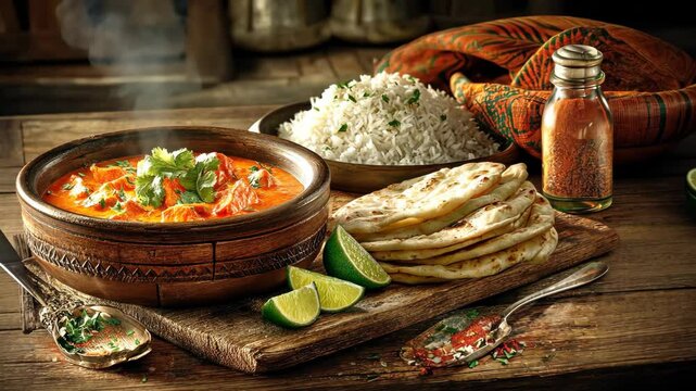 Spicy Indian Curry Served with Chapati Bread and Rice &ndash; Authentic Asian Cuisine