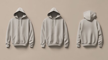Hoodie mockup. Grey blank sweatshirt displayed from front, back, and side views. Apparel template for clothing design and branding purposes.