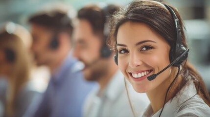 Friendly female customer service representative smiling at the camera with colleagues in the background wearing headsets.