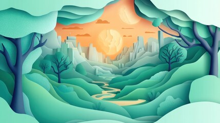 Paper-cut valley sunset, futuristic city, framed trees