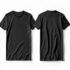 Black t-shirt mockup. Front and back views of blank t-shirt template for apparel design. Mens clothing display for graphic design and online stores.