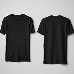 Black t-shirt mockup. Front and back views of a blank shirt design template for apparel, fashion, and branding projects with a clean aesthetic background.
