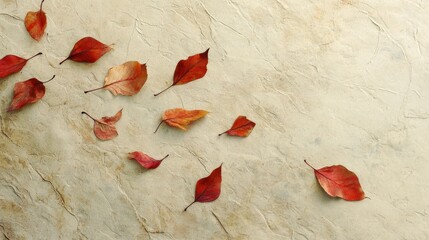 Fallen Red Leaves on a Textured Beige Background in Autumn Season