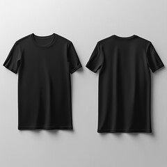 Black t-shirt mockup. Front and back views of a plain black tee for apparel design, branding, and promotional use. Template for graphic designers and retailers.