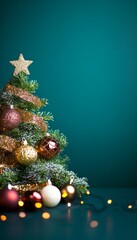Naklejka premium Christmas Tree with Gold and Red Ornaments on Teal Background. Festive Holiday Decoration.