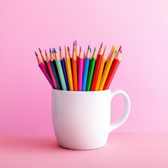 Colorful pencils in a white mug on a pink background. Art supplies arrangement for children and creativity. Stationery tools for drawing and coloring.