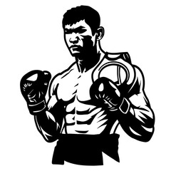 An illustration of a male Muay Thai fighter, waist-up, holding a championship belt with a triumphant expression in a fighting ring.